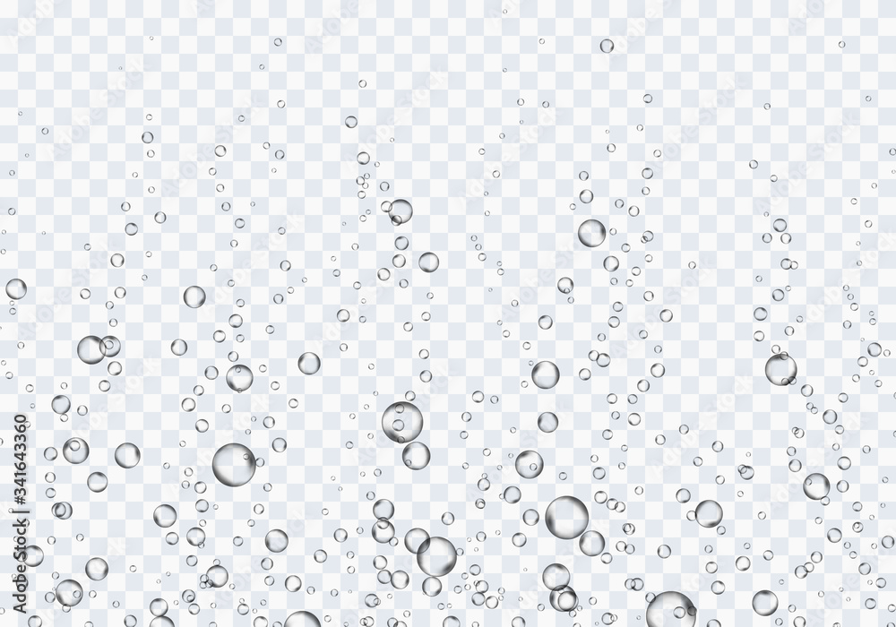 Bubbles underwater texture isolated on transparent background. Vector fizzy air, gas or oxygen under water. Realistic champagne drink, soda effect template - obrazy, fototapety, plakaty 