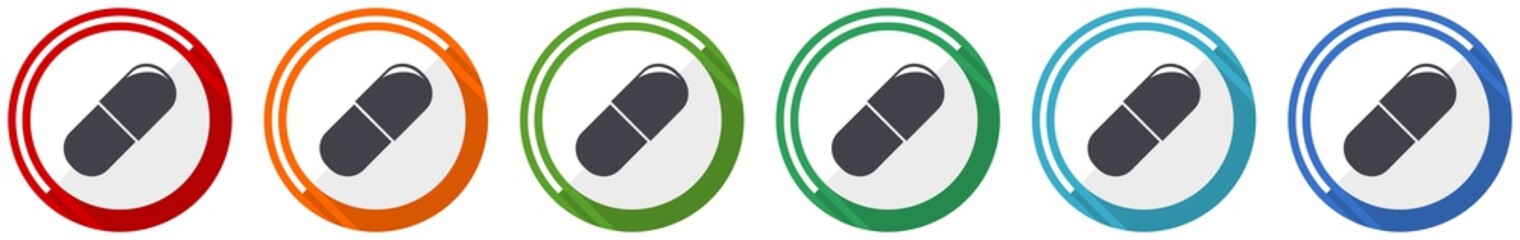 Leinwandbilder - Drugs icon set, flat design vector illustration in 6 colors options for webdesign and mobile applications
