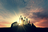 Fototapeta Miasta - Famous travel destination silhouette, New York, Rome, London, Paris. 3D Render