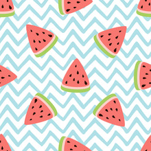 Tropical Watermelon Slice Design On Striped Blue Background Seamless Pattern Wallpaper Backdrop. Cute Zig Zag Art