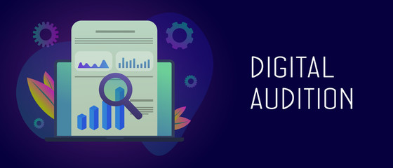 Fototapete - Digital Audition with marketing research concept with charts, graphs and a magnifier on a laptop screen. Financial data analysis and website seo audit analytics. Header and footer banner template