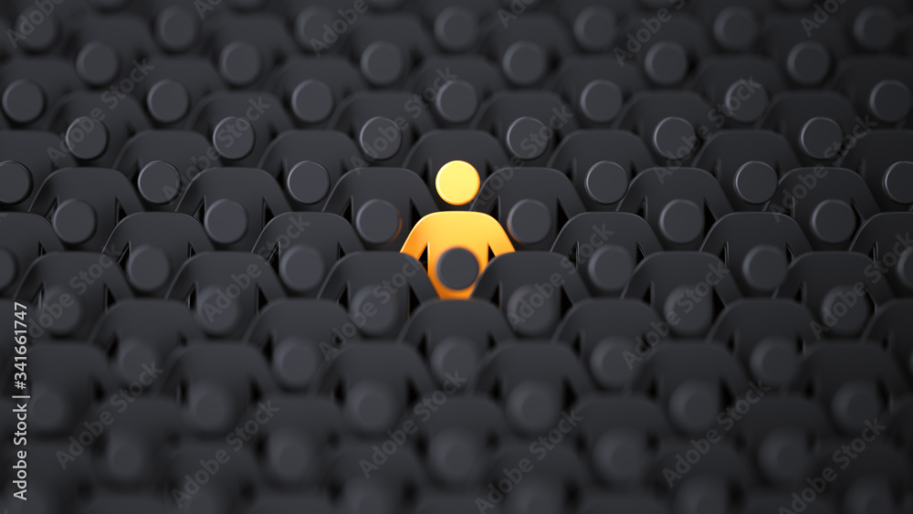 Yellow human shape among dark ones. Standing out of crowd concept - obrazy, fototapety, plakaty 