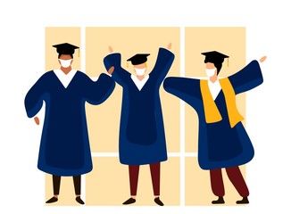 Wall Mural - Graduated students wearing academic gown and medical masks. Celebrating university graduation 2020. Flat cartoon vector illustration.