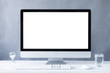 © velishchuk - Computer all in one mockup, home and office workspace concept. Computer white blank screen on work table front view. Copy space