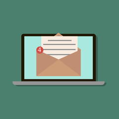 Poster - Modern ultrabook on a green background with a blue screen and a message envelope on the screen. Vector illustration. Stock Photo.