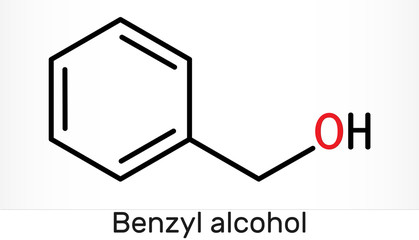 Sticker - Benzyl alcohol, C7H8O molecule. It is aromatic alcohol, is used as local anesthetic and in perfumes, in cosmetic formulations. Skeletal chemical formula