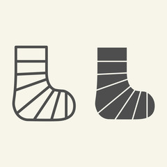 Poster - Gypsum foot line and solid icon. Human plaster leg outline style pictogram on white background. Broken foot for mobile concept and web design. Vector graphics.