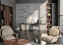 Modern Home Office Interior In Loft, Industrial Style, 3d Render