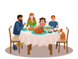 Happy family having a Thanksgiving dinner together. Vector illustration