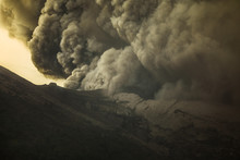 Series Of Photos From The Eruption Volcano Agung In Bali. Big Smoke And Ash Cover The Sky