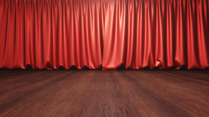 Red silk curtains closed. Theater and cinema concept. Theater stage, performance in front of the public, concert. Awards show, 3D rendering