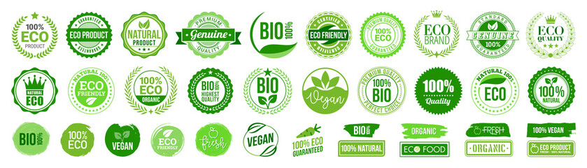 Organic natural bio labels set icon, healthy foods badges, fresh eco vegetarian food – stock vector