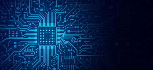 Poster - Illustration of computer processor chip on circuit board, copy space. Panorama