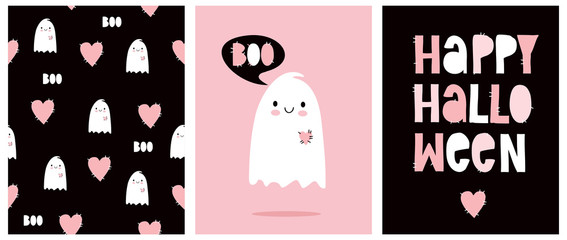 Wall Mural - funny hand drawn illustration with cute white ghost isolated on a pink background. lovely nursery ar
