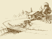 Water Mill Landscape, Small River And Wooden Bridge Hand Drawn Artistic Illustration
