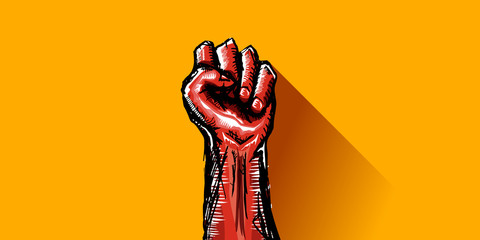 Fototapeta vectro red protest fist isolated on orange horizontal banner background. 1 may labor day concept illustration with hand drawn rised fist in the air. mayday graphic horizontal banner design template