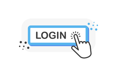 Poster - Login blue 3D button with hand pointer clicking. White background. Vector