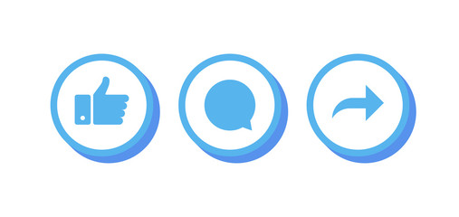Poster - Like, comment and share blue icon set on a white background. Modern 3D flat style. Vector