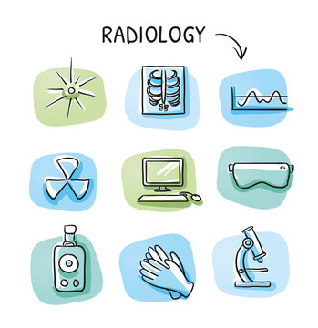 Set of different medical radiation and x-ray laboratory icons, for info graphics on blue and green tiles. Hand drawn cartoon sketch vector illustration, marker style coloring. 