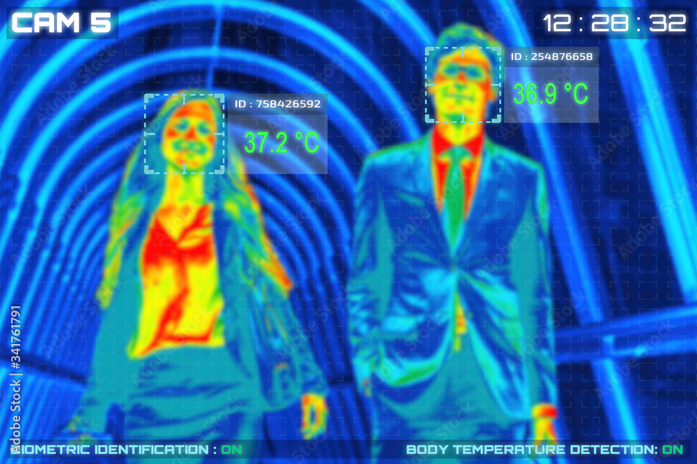 Simulation of body temperature check by thermoscan or infrared thermal camera - obrazy, fototapety, plakaty 