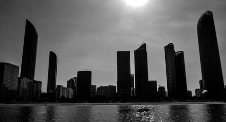Artistic Abu Dhabi cityscape during day time in UAE capital of United Arab Emirates in black and white