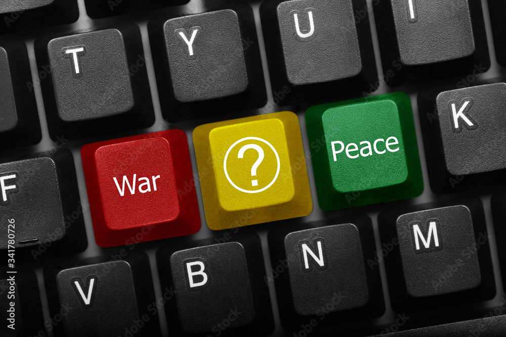 Three keys conceptual keyboard - War and Peace keys with question mark ...