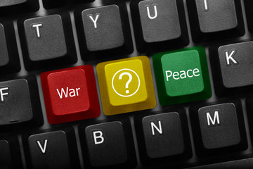 Wall Mural - Three keys conceptual keyboard - War and Peace keys with question mark