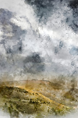 Wall Mural - Digital watercolor painting of Stunning Summer landscape image of escarpment with dramatic storm clouds and sun beams streaming down