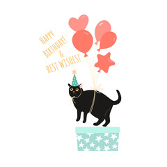 Wall Mural - Birthday greeting card template with a funny cat in a cap flying on balloons