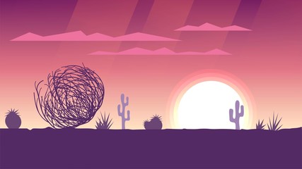 Tumbleweed rolls in the desert, sunset or sunrise with pink sky