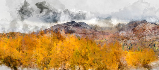 Digital watercolor painting of Beautiful Autumn Fall landscape of golden learch trees against dark mountain background with dramatic sky