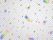 Holographic Shiny Falling Confetti On White Transparent Background. Glitch Effect. Rainbow Festive Tinsel. Foil Hologram. Color Iridescent Decoration For Christmas, Birthday. Vector Illustration