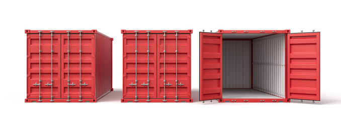 Poster - 3d rendering of two closed red cargo containers and an open empty one standing on white background.