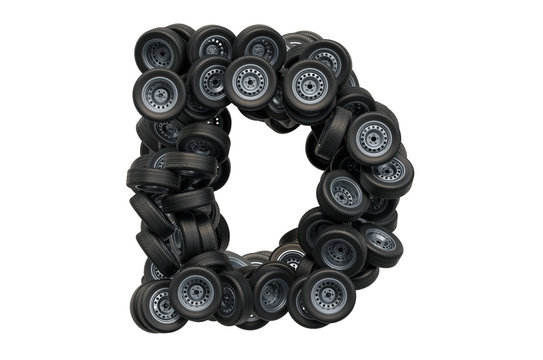 Letter D from car wheels, 3D rendering