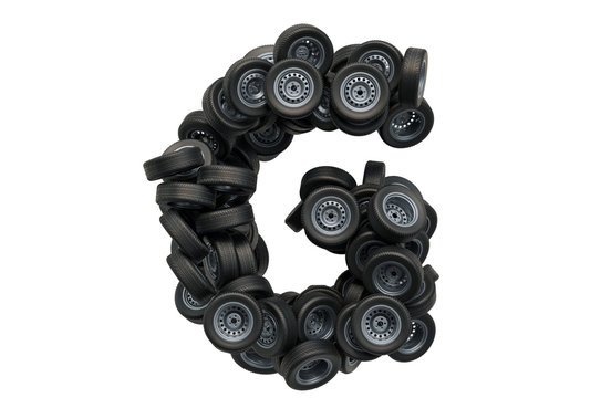 Letter G from car wheels, 3D rendering