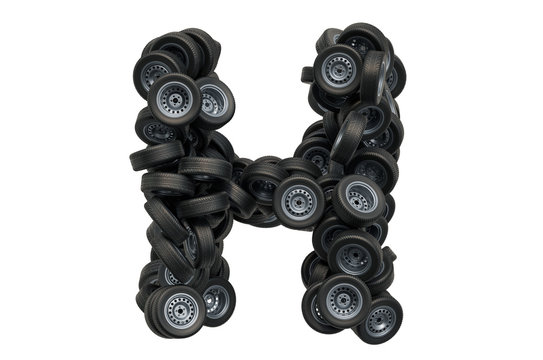 Letter H from car wheels, 3D rendering