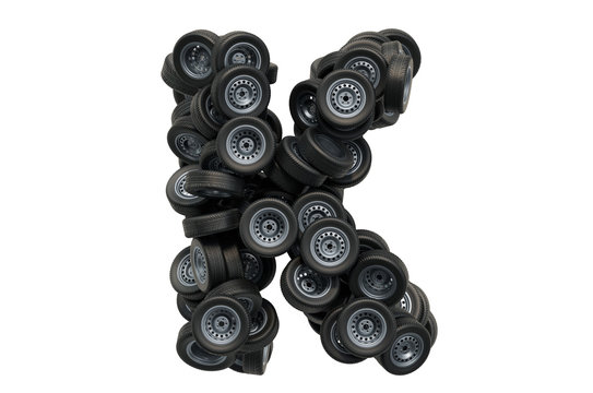 Letter K from car wheels, 3D rendering