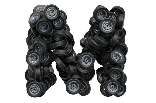 Letter M from car wheels, 3D rendering