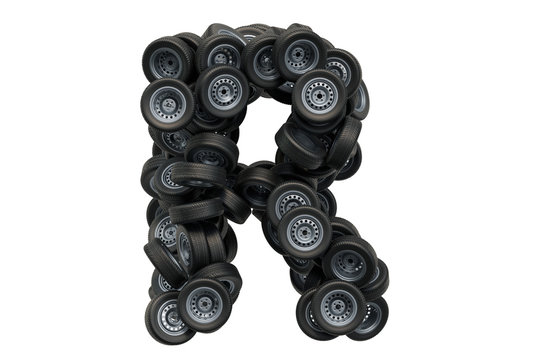 Letter R from car wheels, 3D rendering