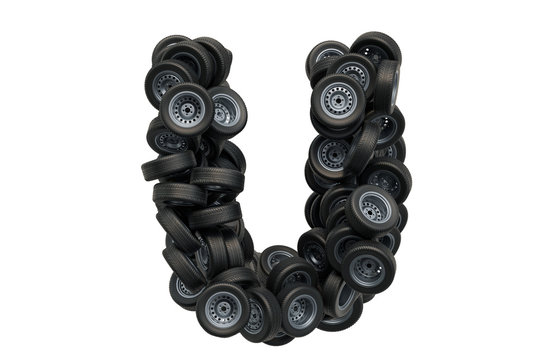 Letter U from car wheels, 3D rendering