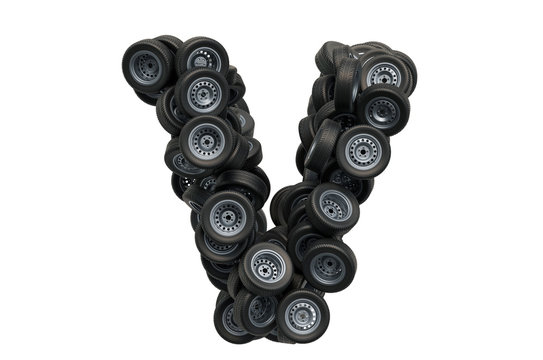 Letter V from car wheels, 3D rendering