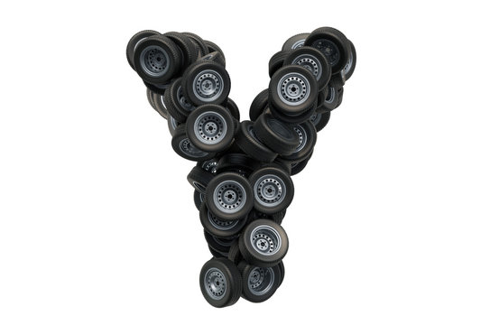 Letter Y from car wheels, 3D rendering