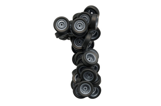 Number 1 from car wheels, 3D rendering