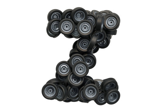 Letter Z from car wheels, 3D rendering