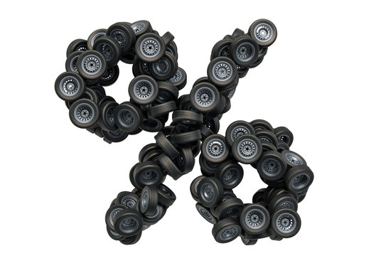 Percent symbol from car wheels, 3D rendering