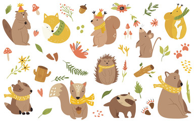 Wall Mural - Big bundle of cute forest animals in scarfs
