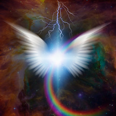 Sticker - Surreal digital art. Bright star with white angel's wings. Rainbow and lightning