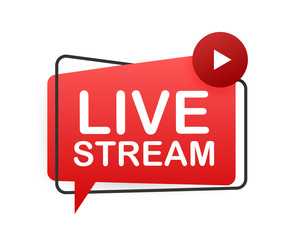 Poster - Live stream flat logo - red vector design element with play button. Vector illustration