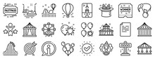 Set Of Carousel, Roller Coaster And Circus Icons. Amusement Park Line Icons. Air Balloon, Crane Claw Machine And Fastpass Symbols. Circus Amusement Park Tickets. Ferris Wheel Carousel. Vector