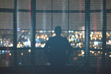 Poster - Man looks out window at night city in lights. Dual screen